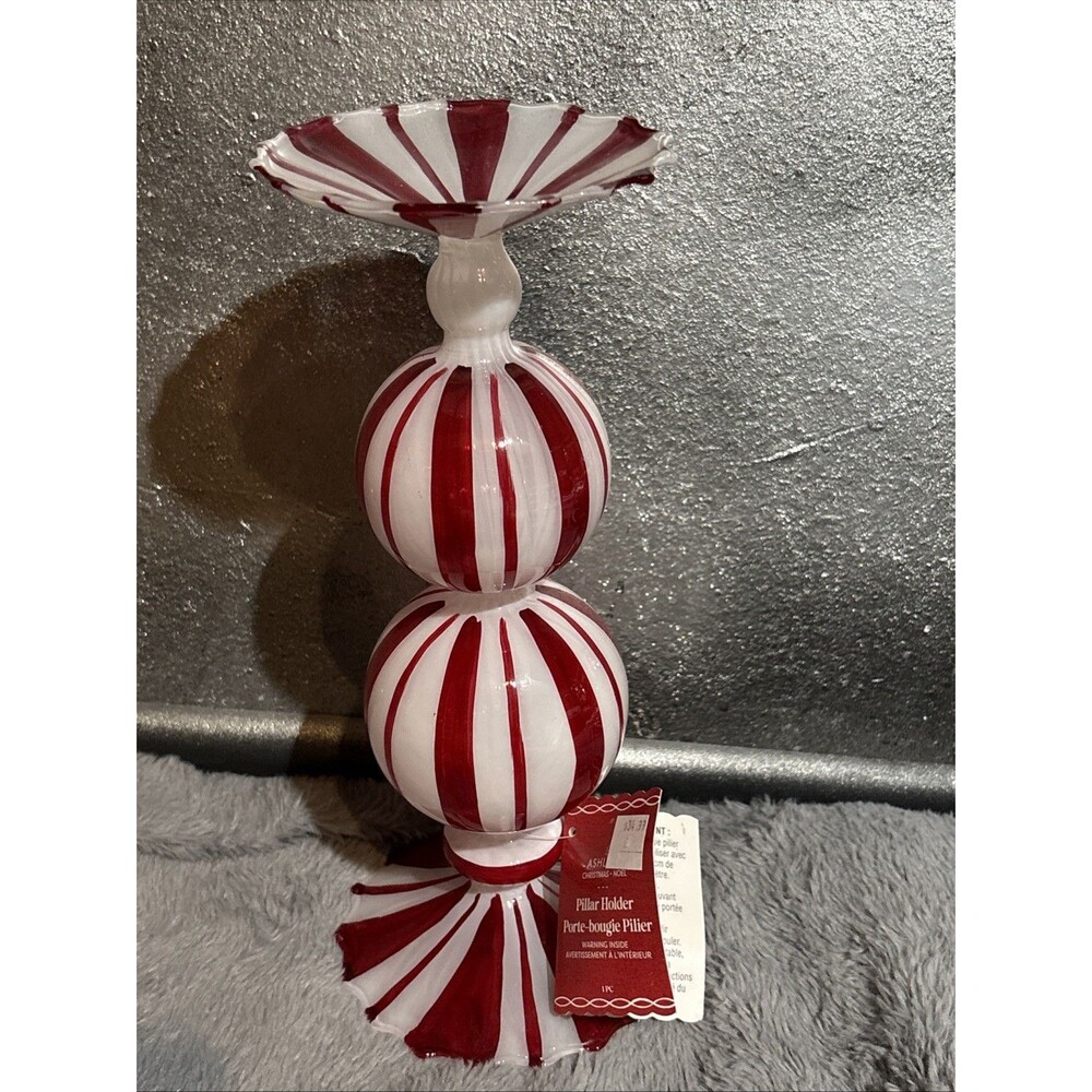 Ashland Peppermint Candy Cane Christmas Candle Pillar Holder Fragile Handpainted